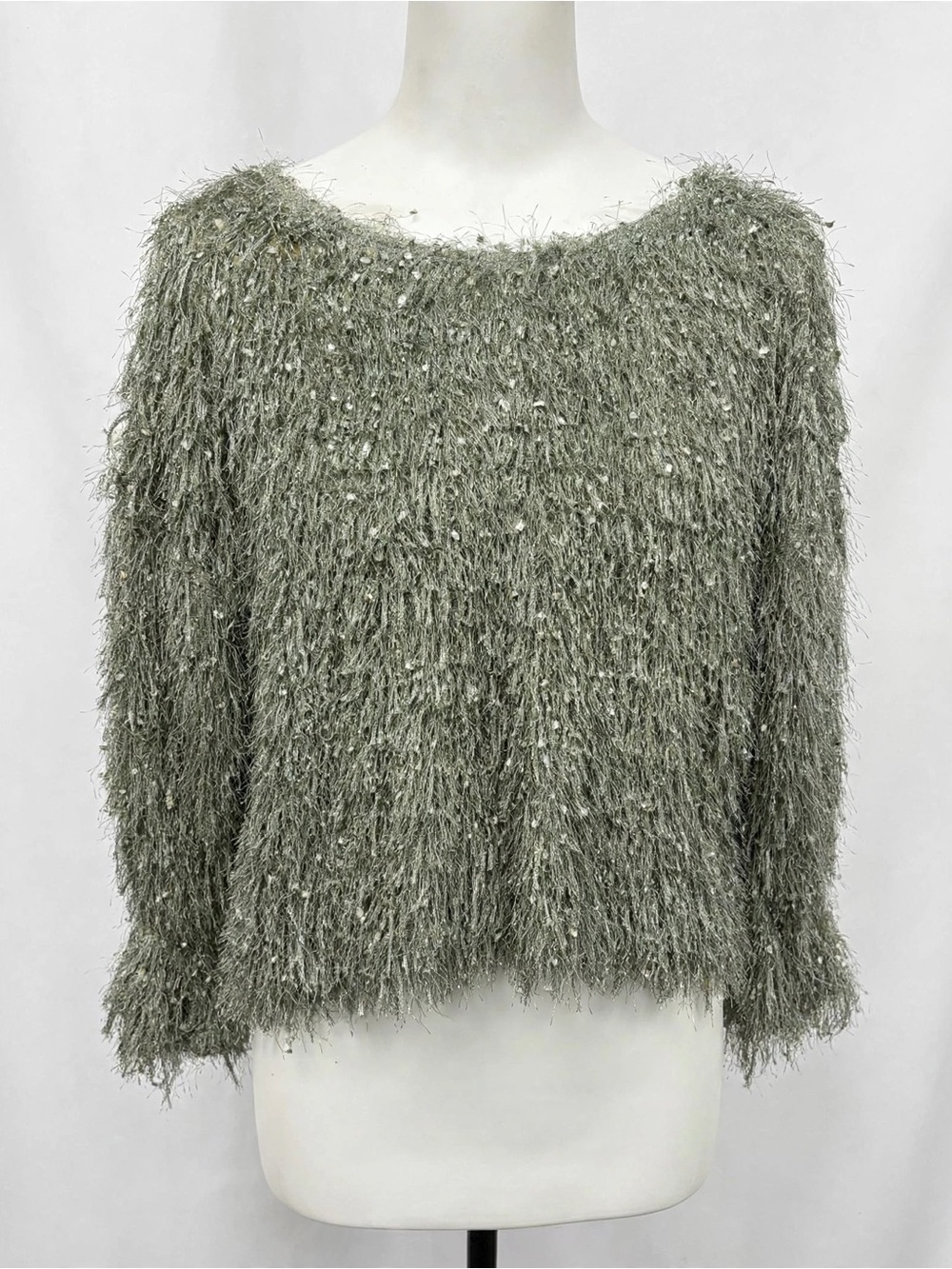 Very J Sage Green Eyelash Fringe Crewneck Sweater